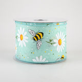 2 1/2" Bumblebees & Daisies Wired Ribbon: Mint Royal - 1 Yard