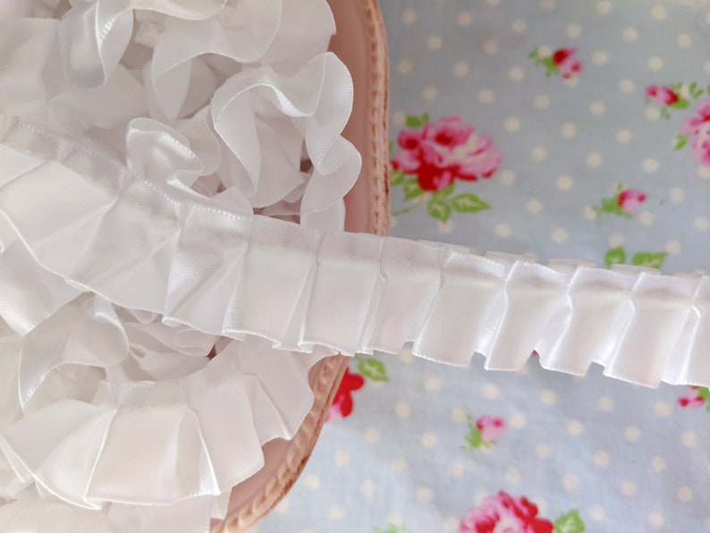 Ruffled Box Pleated Satin Ribbon/Trim - White - 7/8 inch - 1 Yard - Sugar Pink Boutique