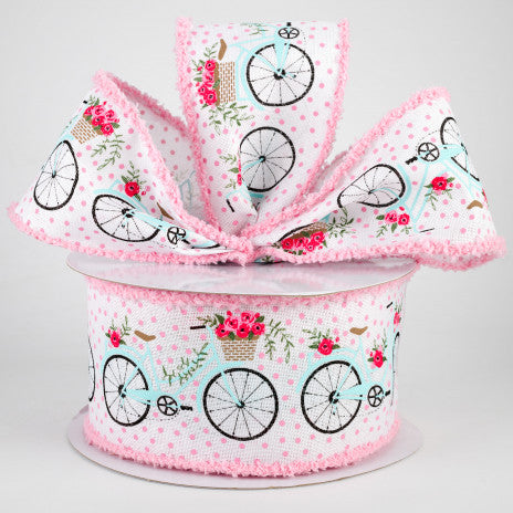 2 1/2" Bicycles & Blooms Chenille Edge Wired Ribbon: White - 1 Yard - Sugar Pink Boutique