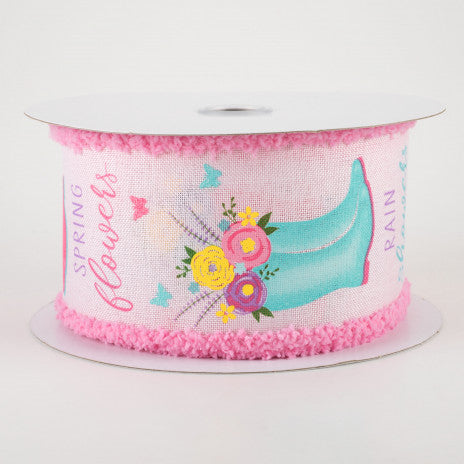 2 1/2" Rain Boots Floral Wired Ribbon: Pink with Drift Edge - 1 Yard - Sugar Pink Boutique
