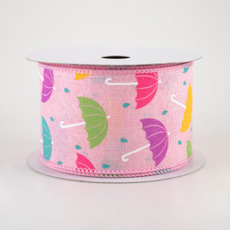 2 1/2" Spring Umbrellas Wired Ribbon: Pink - 1 Yard - Sugar Pink Boutique