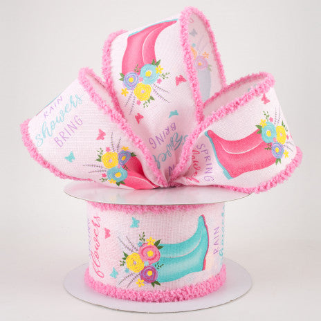 2 1/2" Rain Boots Floral Wired Ribbon: Pink with Drift Edge - 1 Yard - Sugar Pink Boutique
