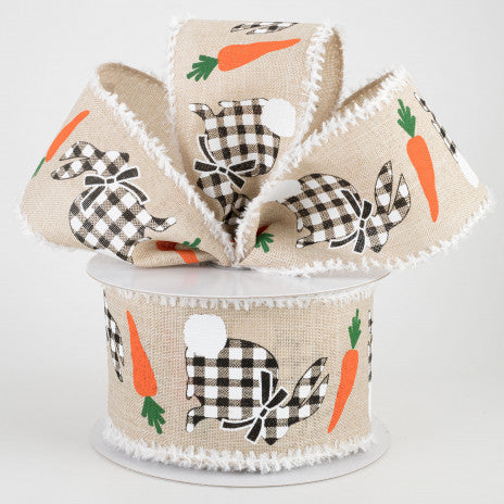 2 1/2" Check Bunnies With Carrots Fuzzy Edge Wired Ribbon: Light Natural - 1 Yard - Sugar Pink Boutique