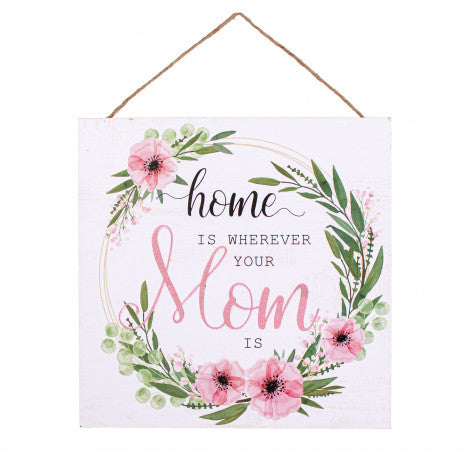 10" Square Wooden Sign: Glitter Home Is Where Mom Is - Sugar Pink Boutique