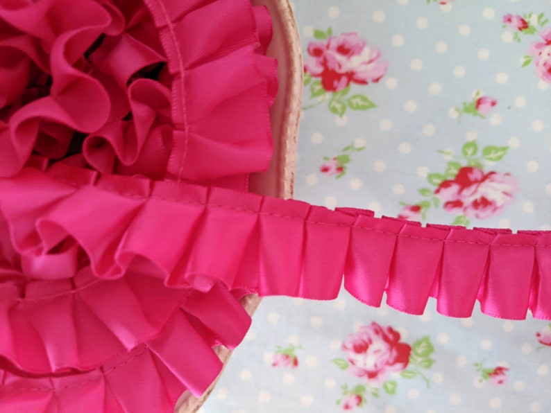 Ruffled Box Pleated Satin Ribbon/Trim - Raspberry Pink - 7/8 inch - 1 Yard - Sugar Pink Boutique