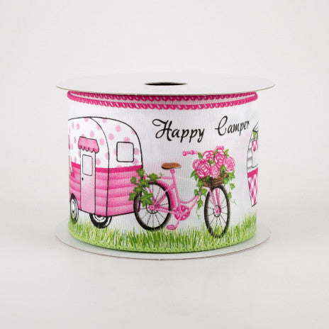 2 1/2" Satin Happy Camper Bicycles Wired Ribbon - 1 Yard - Sugar Pink Boutique