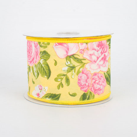 2 1/2" Floral Rose Wired Ribbon: Yellow - 1 Yard - Sugar Pink Boutique