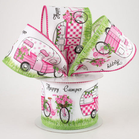 2 1/2" Satin Happy Camper Bicycles Wired Ribbon - 1 Yard - Sugar Pink Boutique