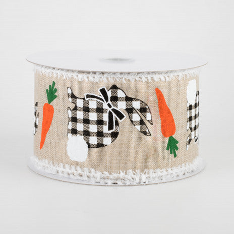 2 1/2" Check Bunnies With Carrots Fuzzy Edge Wired Ribbon: Light Natural - 1 Yard - Sugar Pink Boutique