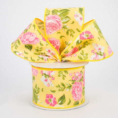 2 1/2" Floral Rose Wired Ribbon: Yellow - 1 Yard