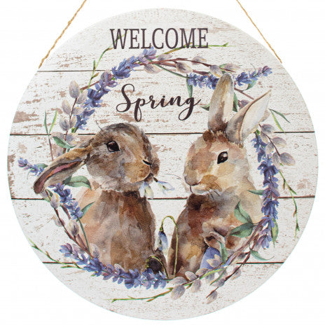 12" Metal Sign: Welcome Spring Rabbits with Lavender Flowers Wreath Decoration - Sugar Pink Boutique