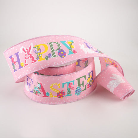 2 1/2" Glitter Happy Easter Wired Ribbon: Pale Pink - 1 Yard - Sugar Pink Boutique