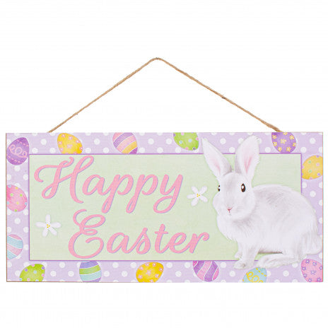 12" Wooden Sign: Happy Easter With Bunny Wreath Decoration - Sugar Pink Boutique