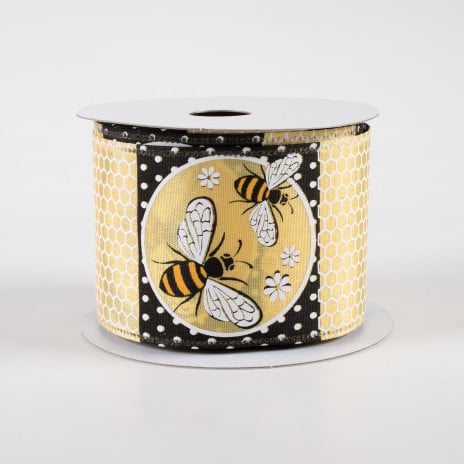 2 1/2" Honeycomb Bee Circles Linen Wired Ribbon: Pale Yellow - 1 Yard - Sugar Pink Boutique
