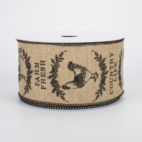 2 1/2" Farmhouse Animals Wired Ribbon: Light Beige & Black - 1 Yard - Sugar Pink Boutique