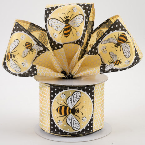 2 1/2" Honeycomb Bee Circles Linen Wired Ribbon: Pale Yellow - 1 Yard - Sugar Pink Boutique