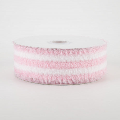 1 1/2" Fuzzy Stripes Wired Ribbon: Pink & White - 1 Yard