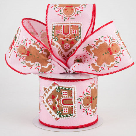 2 1/2 " Gingerbread Man & House Wired Ribbon: Light Pink - 1 Yard - Sugar Pink Boutique