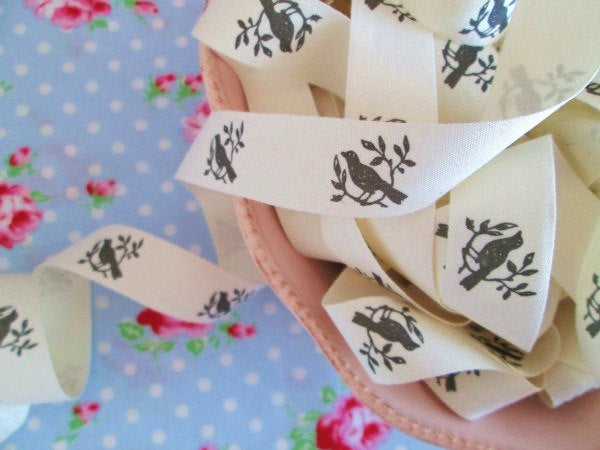 Bird Vine Ivory Canvas Ribbon - 3/4 inch - 1 Yard - Sugar Pink Boutique