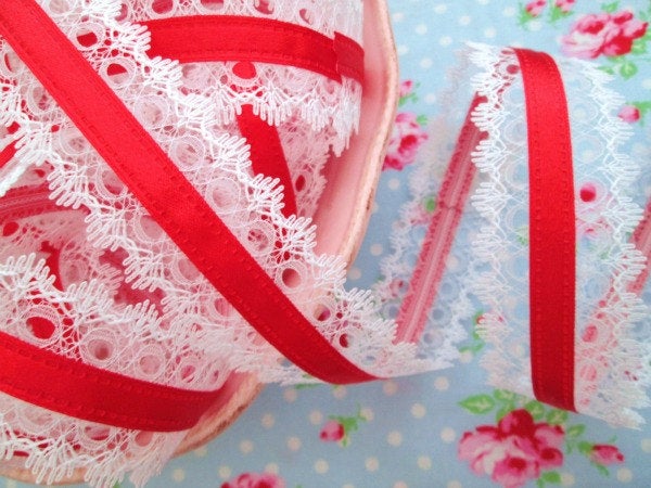 Valentine Lace with Red Satin Ribbon - 1 1/2 inch - 1 Yard - Sugar Pink Boutique