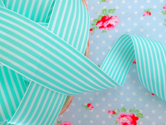 Striped Grosgrain Ribbon -  Robin's Egg Blue - 1 1/2 inch - 1 Yard - Sugar Pink Boutique