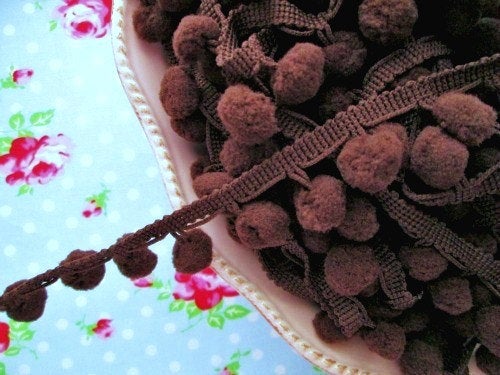 Pom Pom Trim - Chocolate Truffle Brown Dangling - 1/2 inch Ball Fringe - 1 Yard - Sugar Pink Boutique