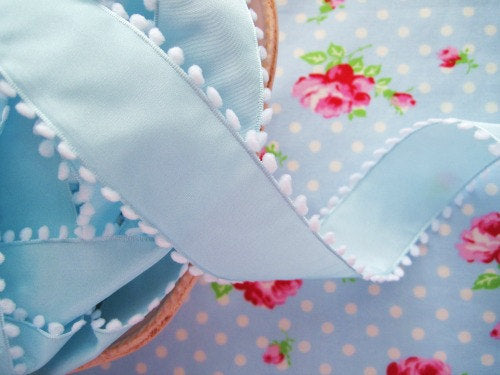 Pom Pom Edge Wired - Blue and White - Ribbon - 1 1/2 inch - 1 Yard - Sugar Pink Boutique