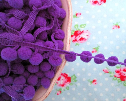 Pom Pom Trim - Juicy Grape Purple Dangling - 1/2 inch Ball Fringe - 1 Yard - Sugar Pink Boutique