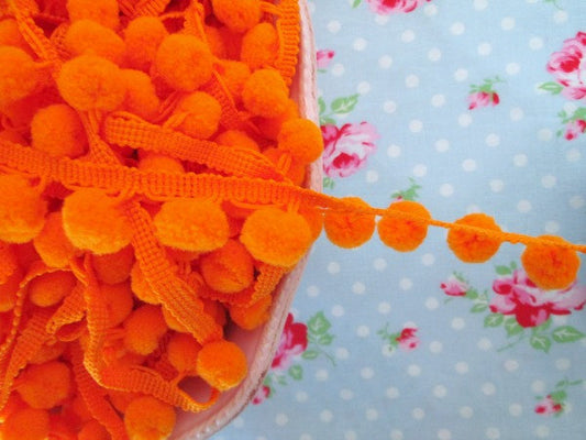 Pom Pom Trim - Tangerine Orange Dangling - 1/2 inch Ball Fringe - 1 Yard - Sugar Pink Boutique