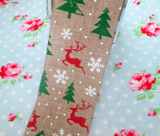Rustic Festive Reindeer Christmas Ribbon - 2 1/2 Inch - 1 Yard - Sugar Pink Boutique