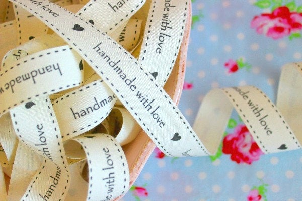 Handmade with Love Ivory Canvas Ribbon - 3/4 inch - 1 Yard - Sugar Pink Boutique