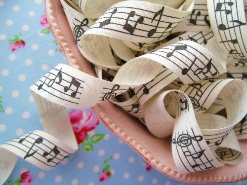Black Music Notes Ivory Canvas Ribbon - 3/4 inch - 1 Yard - Sugar Pink Boutique