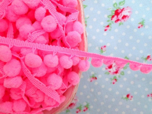 Pom Pom Trim - Hot Pink Dangling - 1/2 inch Ball Fringe - 1 Yard - Sugar Pink Boutique