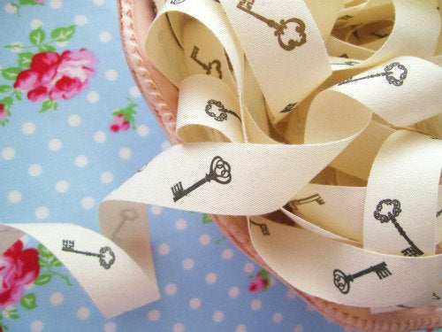 Skeleton Keys Ivory Canvas Ribbon - 3/4 inch - 1 Yard - Sugar Pink Boutique