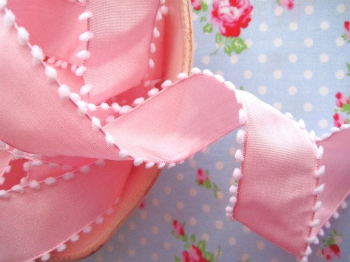 Pom Pom Edge Wired - Pink and White - Ribbon - 1 1/2 inch - 1 Yard - Sugar Pink Boutique