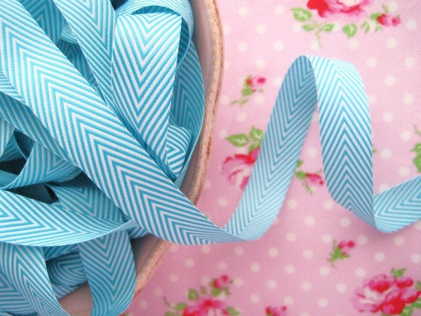 Chevron Striped Twill - Aqua and White - Ribbon - 3/4 inch - 1 Yard - Sugar Pink Boutique