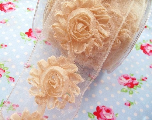 Shabby Chic Frayed Flower Trim - Ivory - 2 1/2 inch - 1 Yard - Sugar Pink Boutique