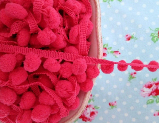 Pom Pom Trim Raspberry Punch Dangling - 1/2 inch Ball Fringe - 1 Yard - Sugar Pink Boutique