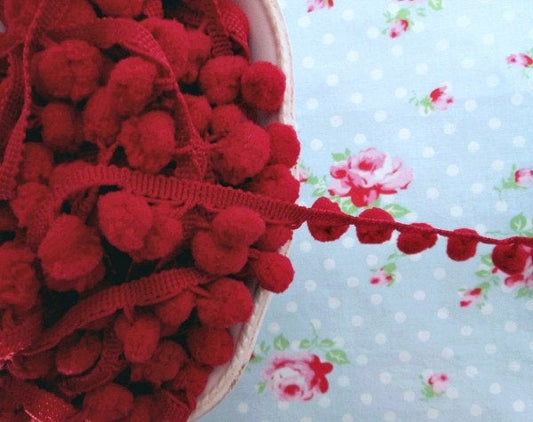 Pom Pom Trim - Cranberry Red Dangling - 1/2 inch Ball Fringe - 1 Yard - Sugar Pink Boutique