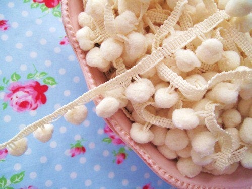 Pom Pom Trim - Vanilla Cream Dangling - 1/2 inch Ball Fringe - 1 Yard - Sugar Pink Boutique