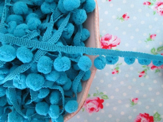 Pom Pom Trim Light Turquoise Dangling - 1/2 inch Ball Fringe - 1 Yard - Sugar Pink Boutique