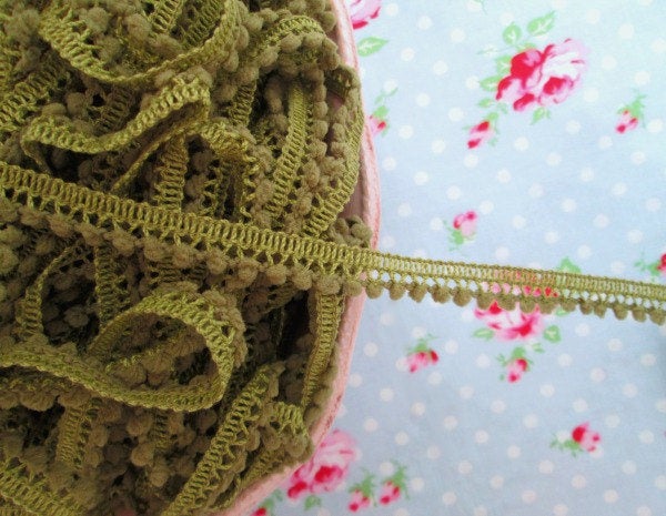 Mini Pom Pom Trim - Olive Green - Ball Fringe - 1 Yard - Sugar Pink Boutique
