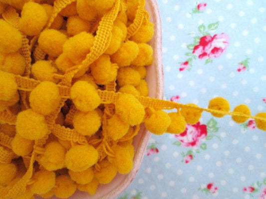 Pom Pom Trim Lemony Yellow Fuzzy Dangling - 1/2 inch Ball Fringe - 1 Yard - Sugar Pink Boutique
