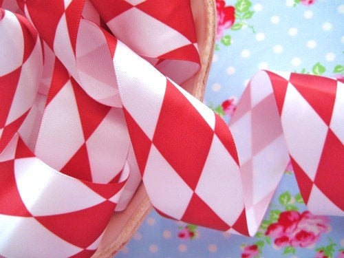 Red and White Jester Print Satin Ribbon - 1 1/2 inch - 1 Yard - Sugar Pink Boutique