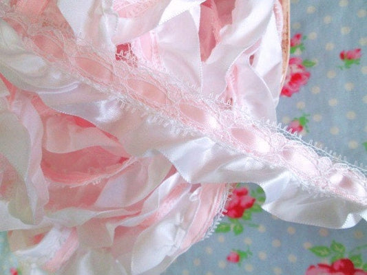 Baby Pink and White Satin Ruffled Lace Trim - 1 1/4 inch - 1 Yard - Sugar Pink Boutique