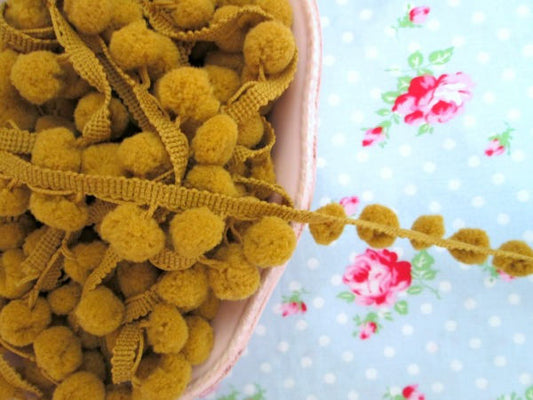 Pom Pom Trim - Vintage Gold Dangling - 1/2 inch Ball Fringe - 1 Yard - Sugar Pink Boutique