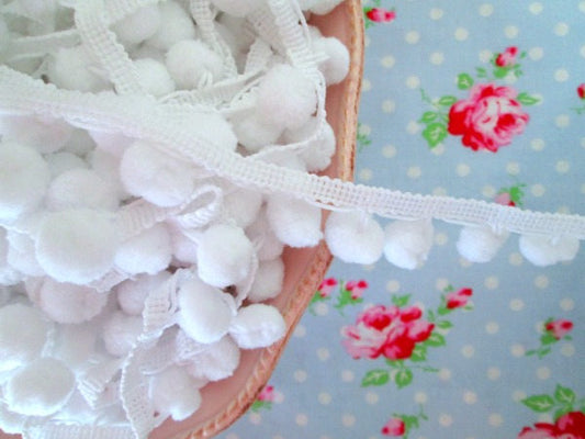 Pom Pom Trim - Snowball White Dangling - 1/2 inch Ball Fringe - 1 Yard - Sugar Pink Boutique