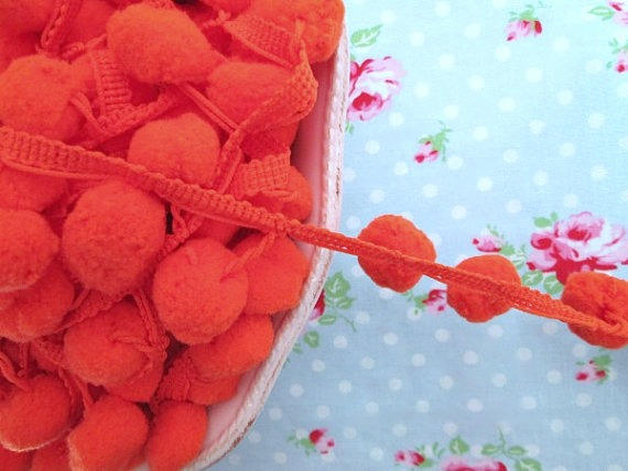 LARGE Pom Pom Trim - Pumpkin Spice Orange Dangling - 3/4 inch Ball Fringe - 1 Yard - Sugar Pink Boutique