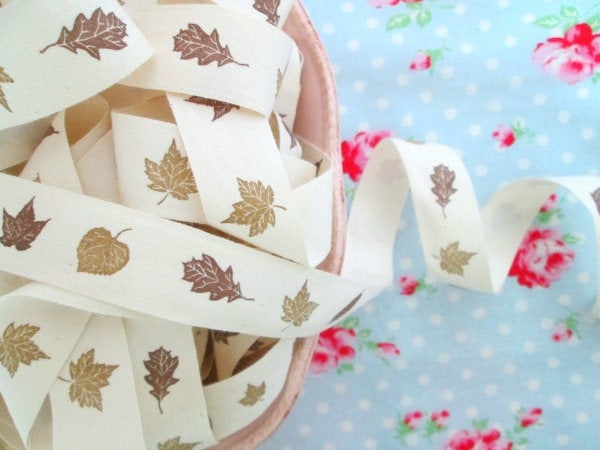 Autumn Leaves Ivory Canvas Ribbon - 3/4 inch - 1 Yard - Sugar Pink Boutique