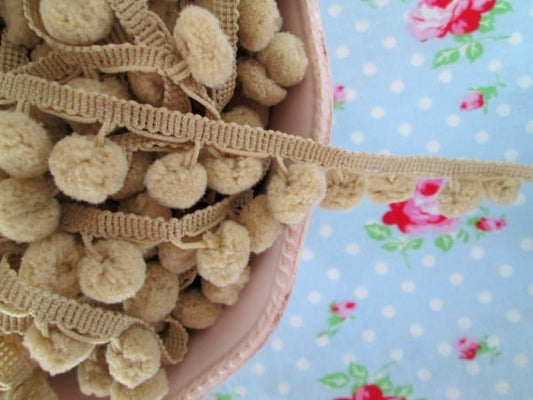 Pom Pom Trim - Brown Sugar Beige Dangling - 1/2 inch Ball Fringe - 1 Yard - Sugar Pink Boutique